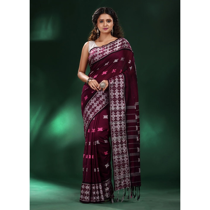 Wine Cotton Saree With Blouse Piece - JD986585912