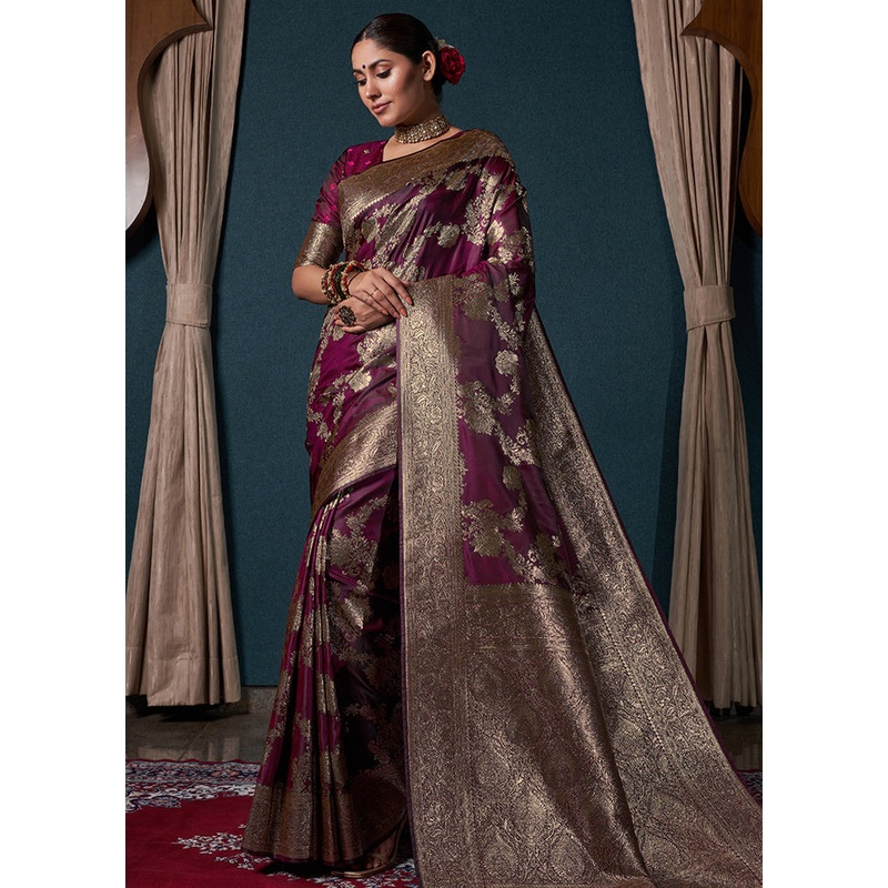 Wine Dupion Silk Saree With Blouse Piece - JD986585909