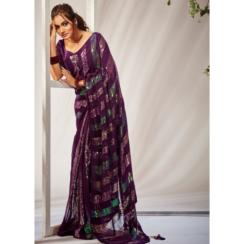 Wine Georgette Saree With Blouse Piece - JD986585894