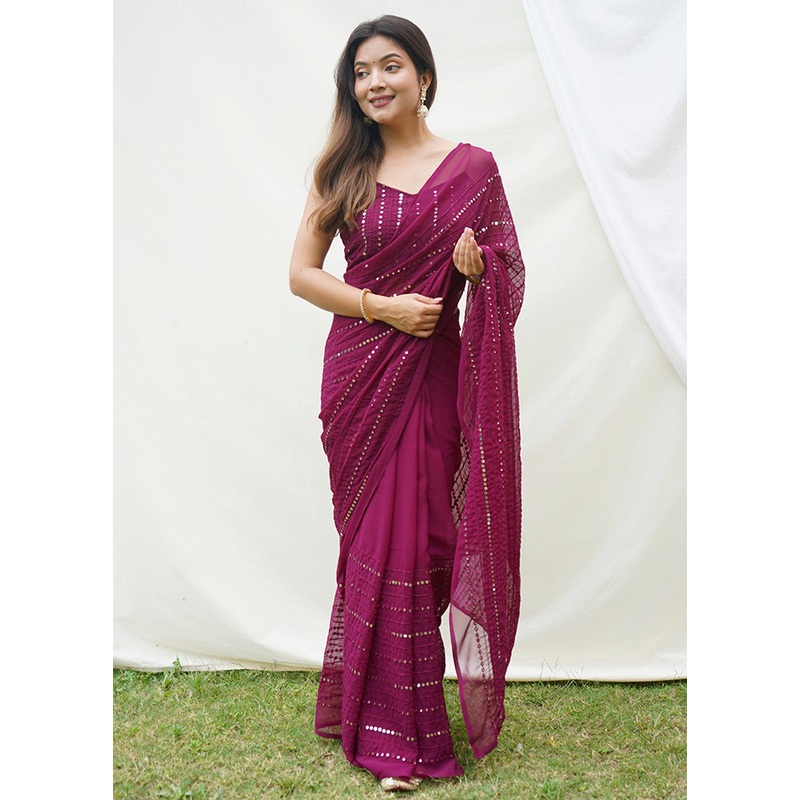 Wine Georgette Saree With Blouse Piece - JD986585895