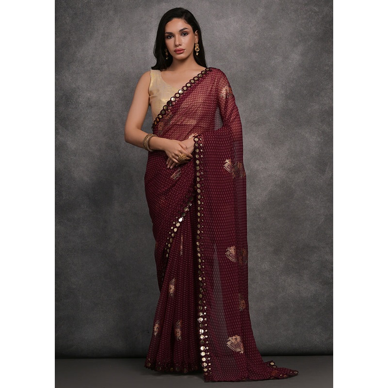 Wine Georgette Saree With Blouse Piece - JD986585896