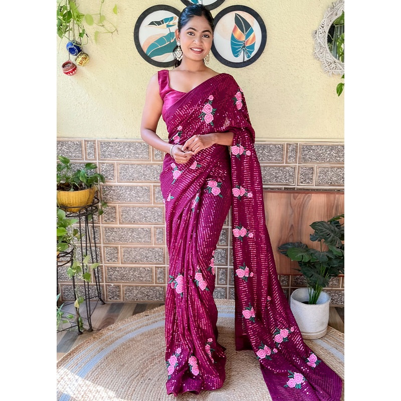 Wine Georgette Saree With Blouse Piece - JD986585900