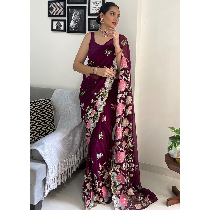 Wine Georgette Saree With Blouse Piece - JD986585901