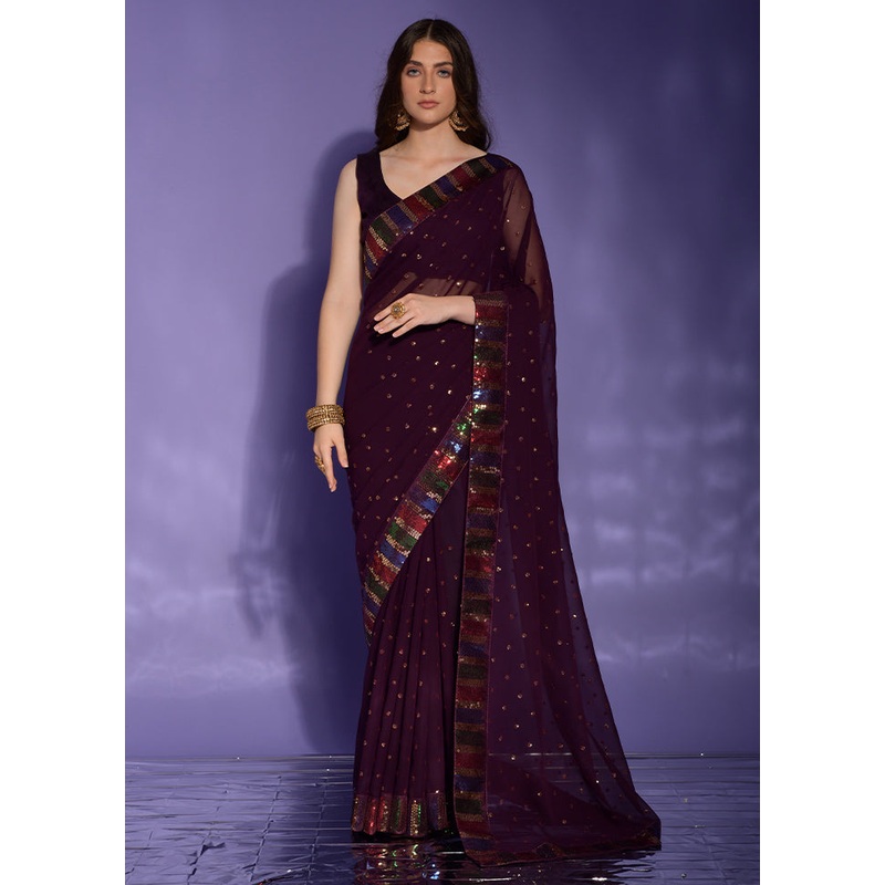 Wine Georgette Saree With Blouse Piece - JD986585902