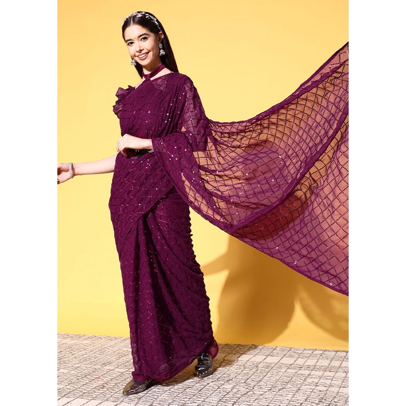 Wine Georgette Saree With Blouse Piece - JD986585903