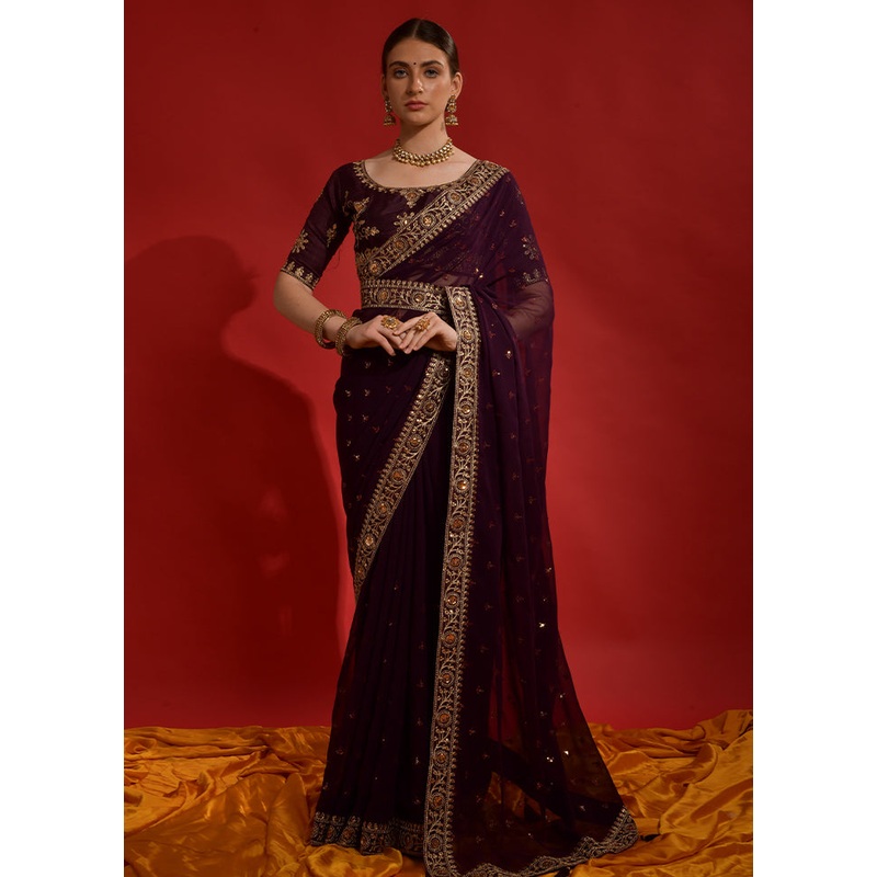 Wine Georgette Saree With Blouse Piece - JD986585905