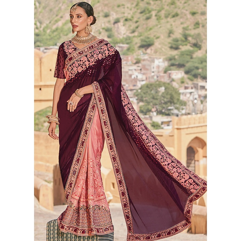 Wine Silk Saree With Blouse Piece - JD986585887