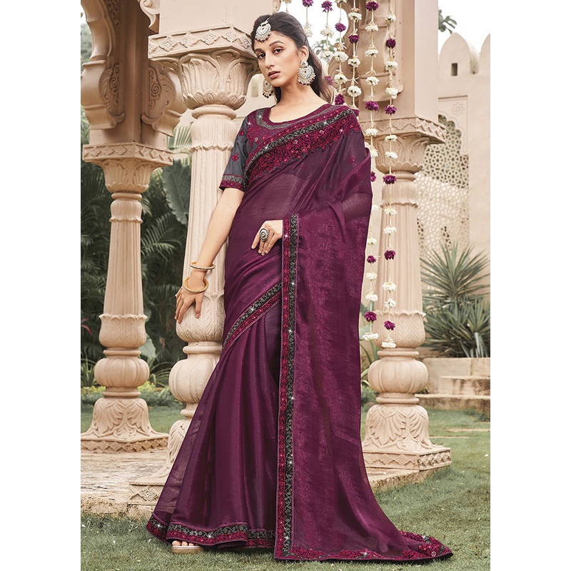 Wine Silk Saree With Blouse Piece - JD986585888