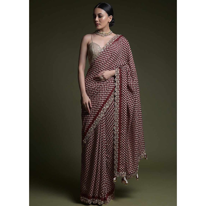 Wine Spun Silk Saree With Blouse Piece - JD986585884