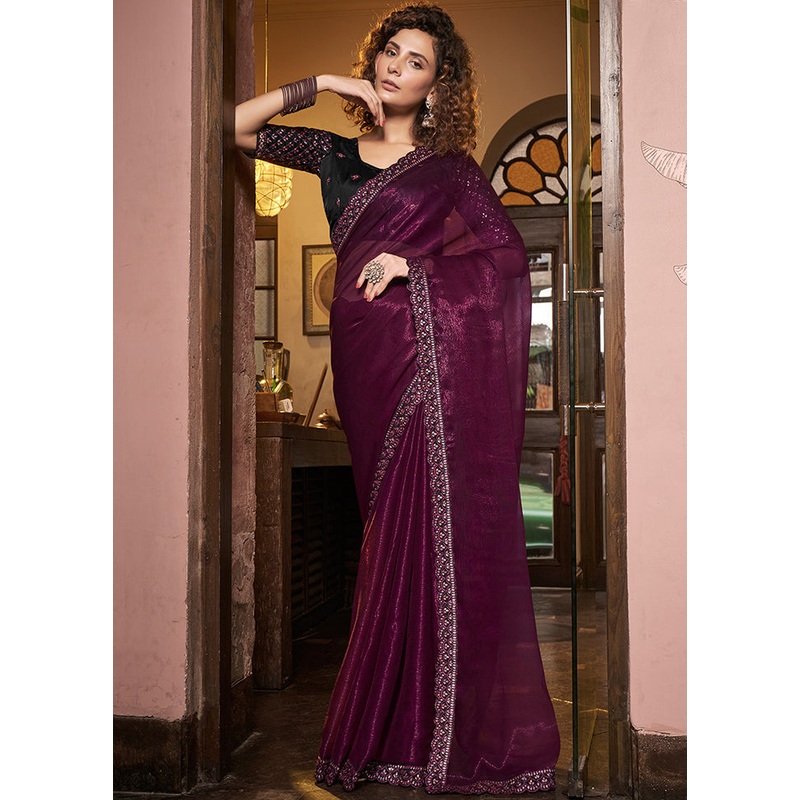 Wine Tissue Silk Saree With Blouse Piece - JD986585913