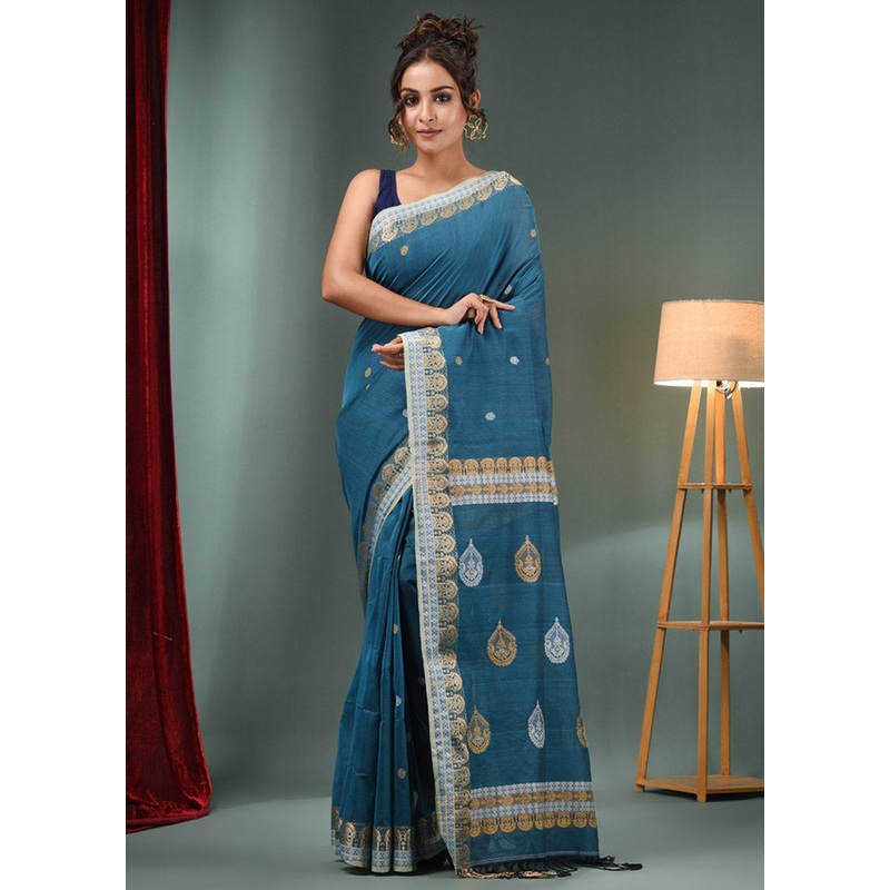 Yale Blue Pure Cotton Saree With Blouse Piece - JD986585880