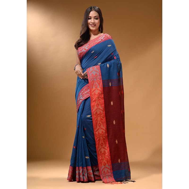 Yale Blue Pure Cotton Saree With Blouse Piece - JD986585881