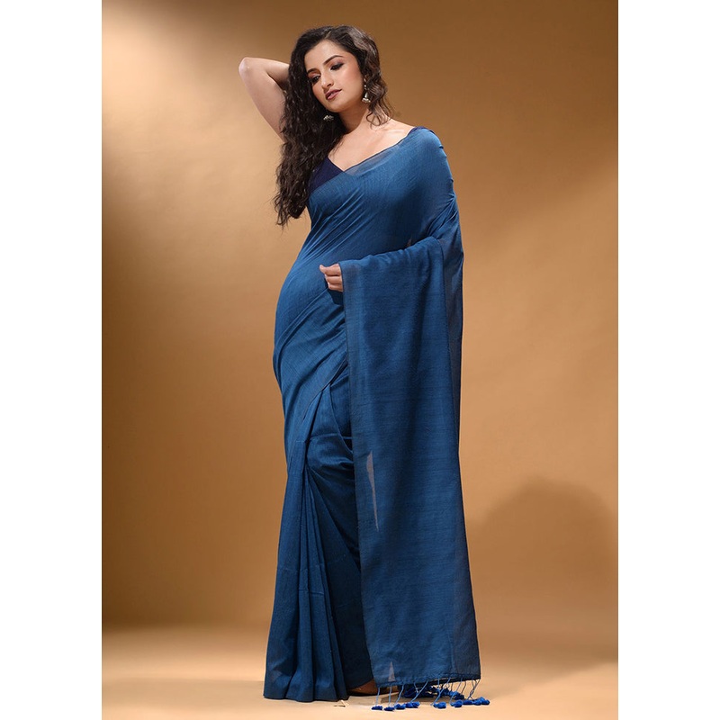 Yale Blue Pure Cotton Saree With Blouse Piece - JD986585882