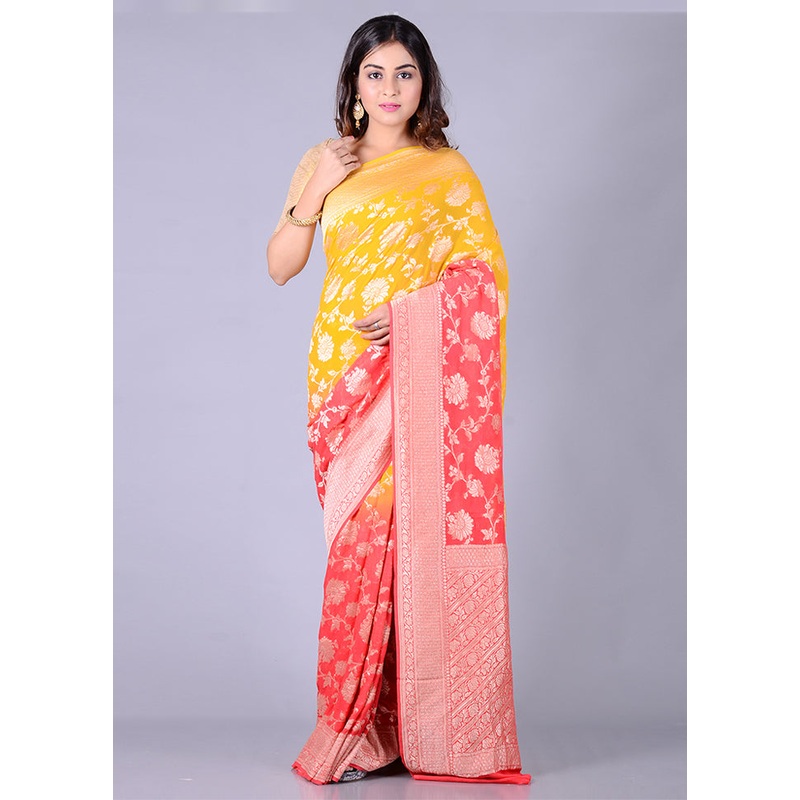 Yellow Chiffon Pure Silk Saree With Blouse Piece - JD986585879