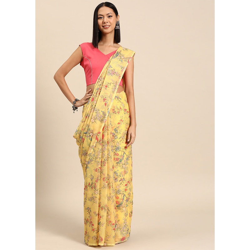 Yellow Chiffon Silk Saree With Blouse Piece - JD986585877