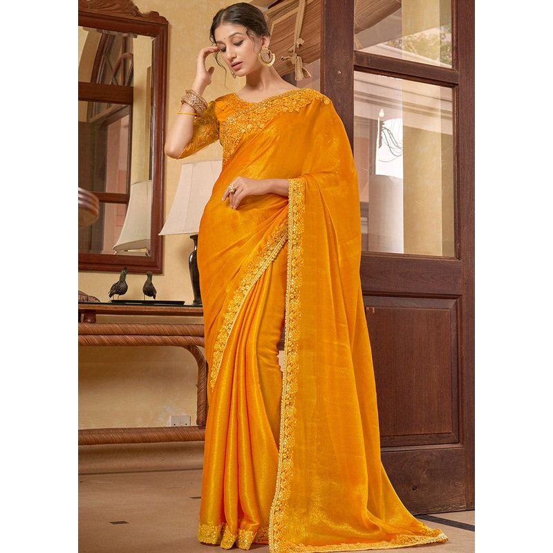 Yellow Chiffon Silk Saree With Blouse Piece - JD986585878