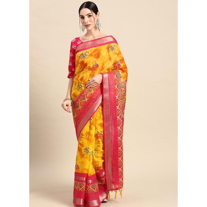 Yellow Cotton Saree With Blouse Piece - JD986585858