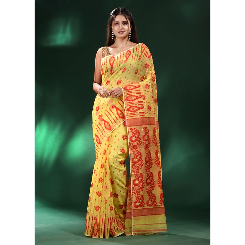 Yellow Cotton Saree With Blouse Piece - JD986585860