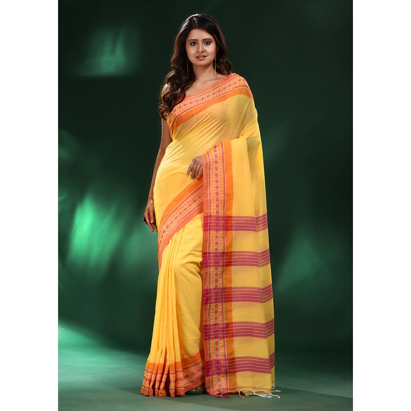 Yellow Cotton Saree With Blouse Piece - JD986585861