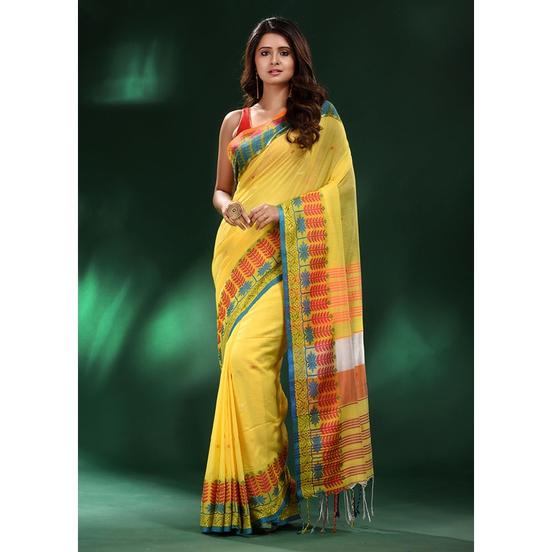 Yellow Cotton Saree With Blouse Piece - JD986585862