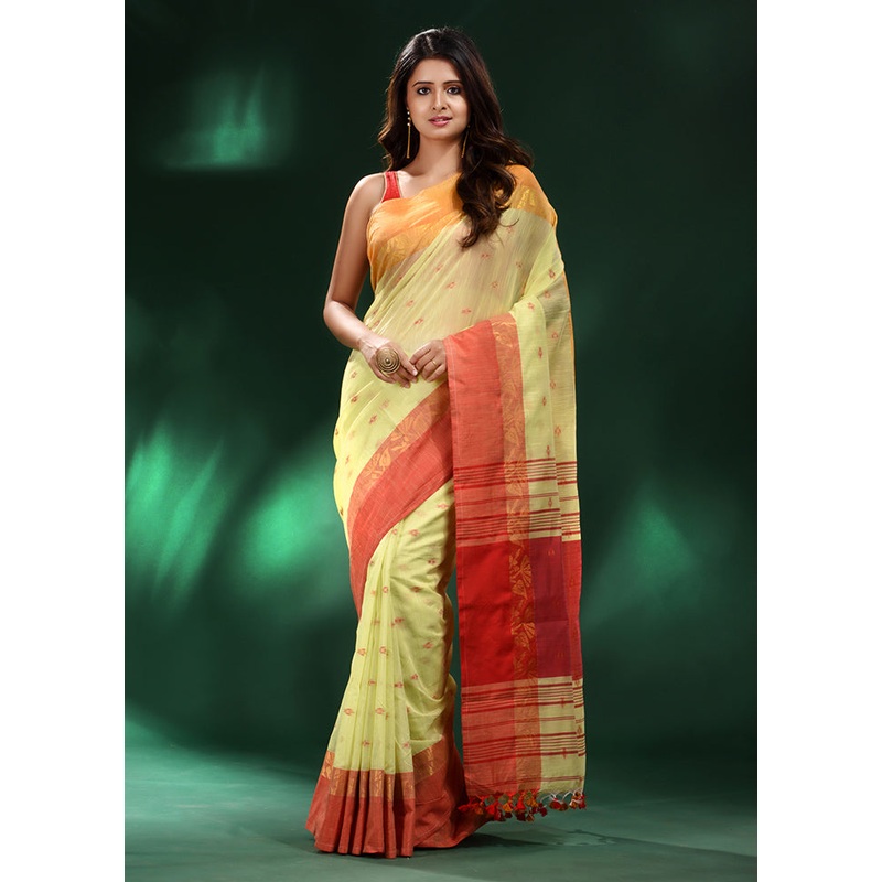 Yellow Cotton Saree With Blouse Piece - JD986585863