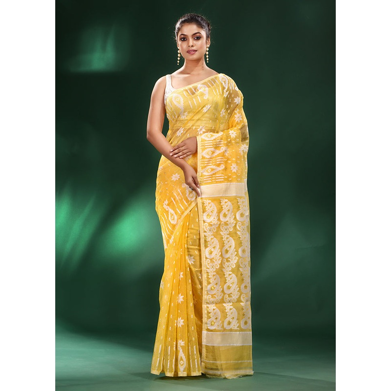 Yellow Cotton Saree With Blouse Piece - JD986585864