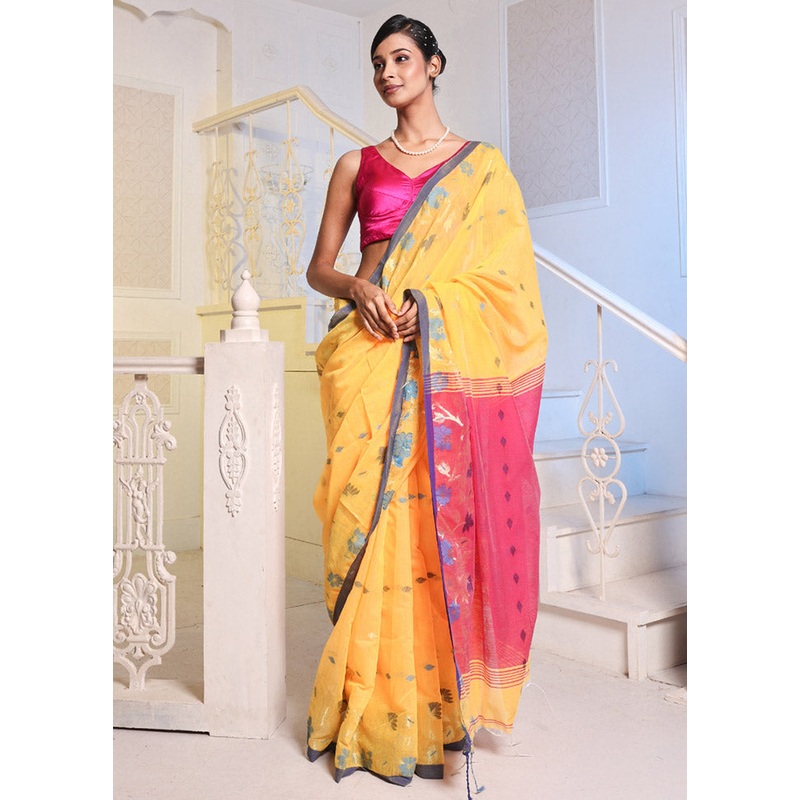 Yellow Cotton Saree With Blouse Piece - JD986585866