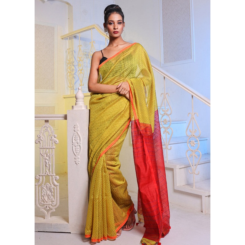Yellow Cotton Saree With Blouse Piece - JD986585867