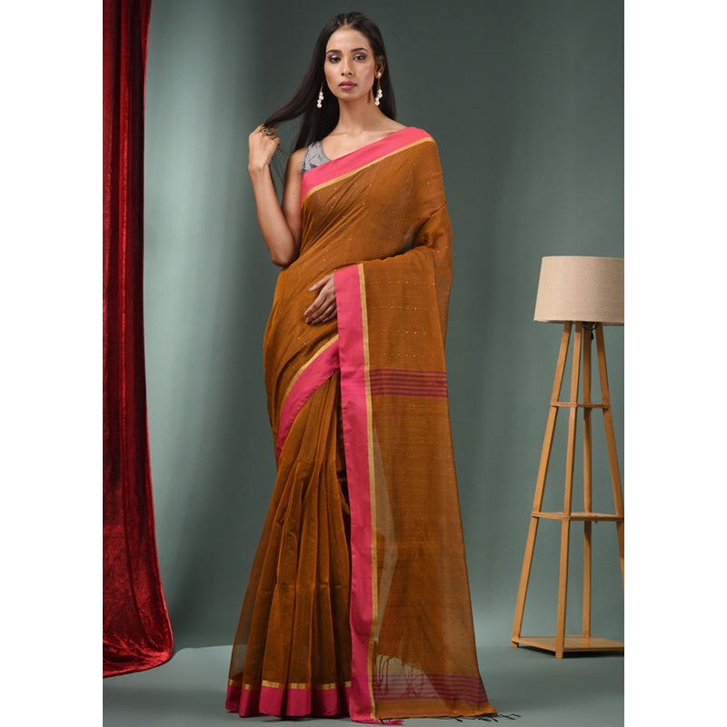 Yellow Cotton Saree With Blouse Piece - JD986585869