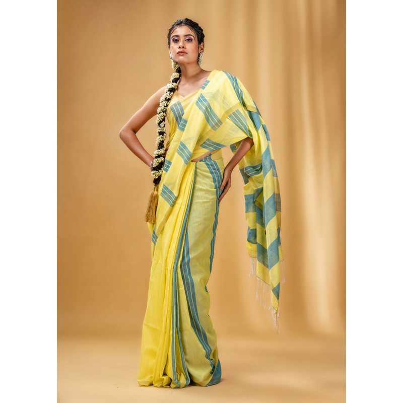 Yellow Cotton Saree With Blouse Piece - JD986585872