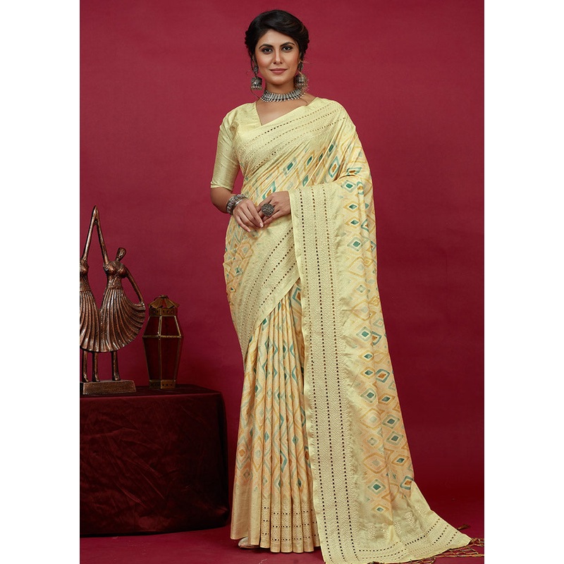 Yellow Cotton Saree With Blouse Piece - JD986585873