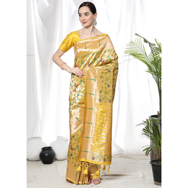Yellow Dupion Silk Saree With Blouse Piece - JD986585845