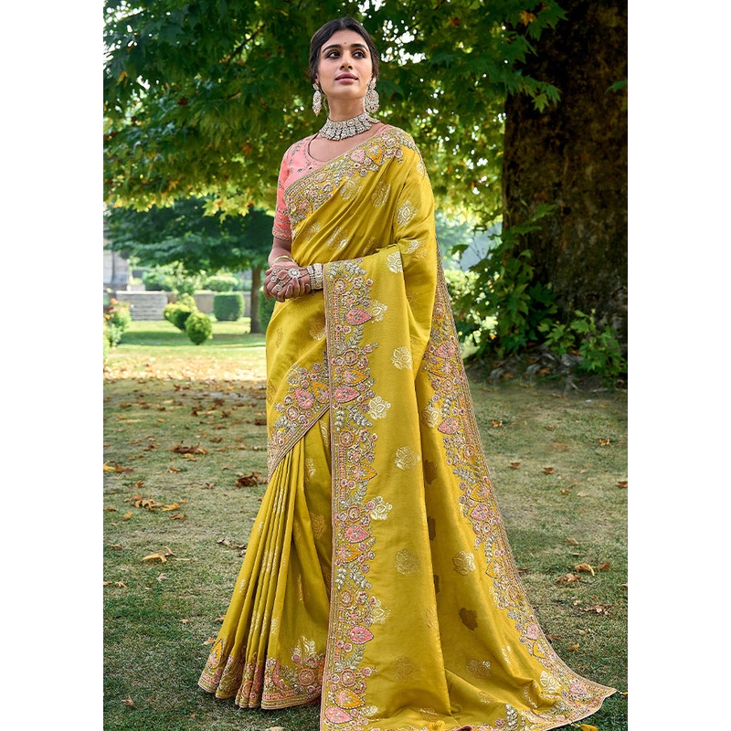 Yellow Dupion Silk Saree With Blouse Piece - JD986585846