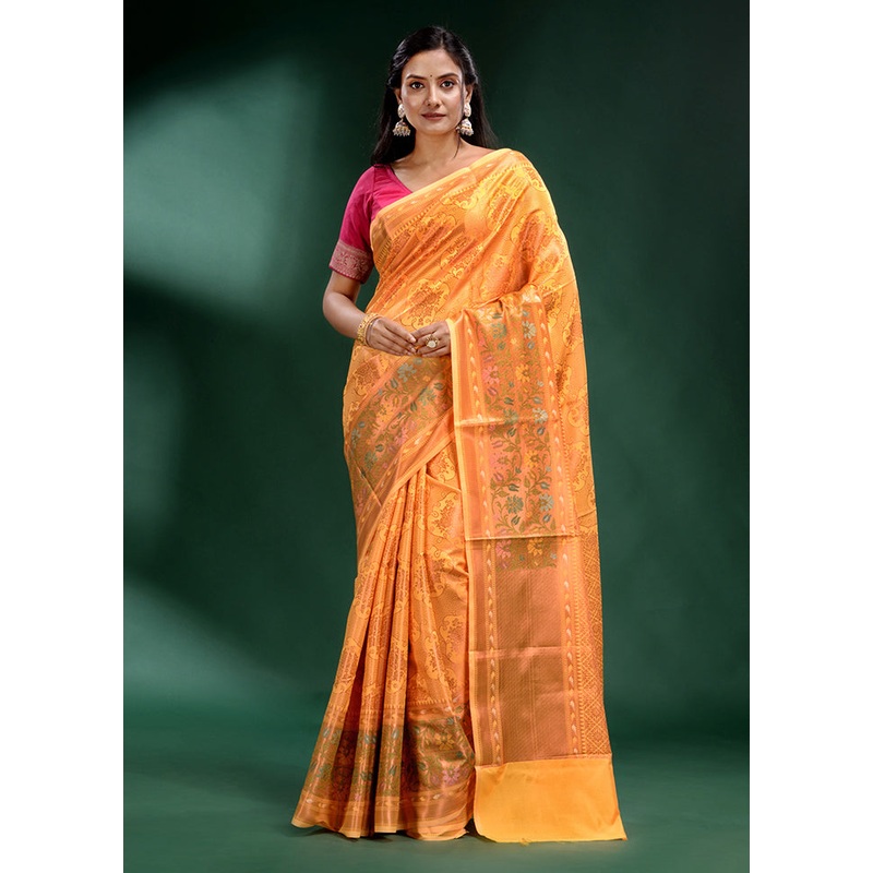 Yellow Dupion Silk Saree With Blouse Piece - JD986585848