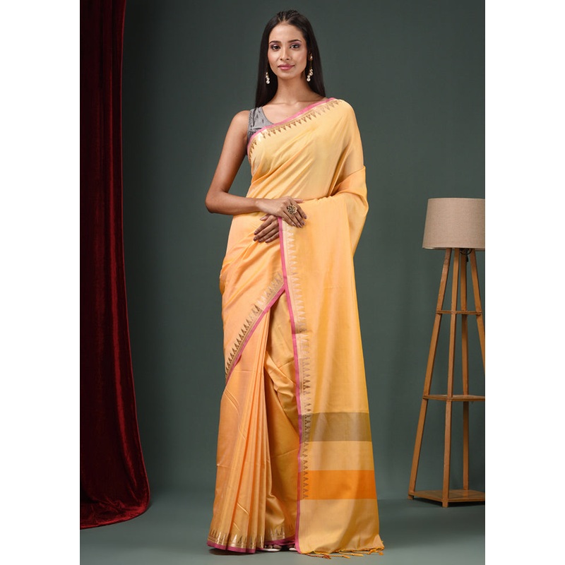 Yellow Dupion Silk Saree With Blouse Piece - JD986585849