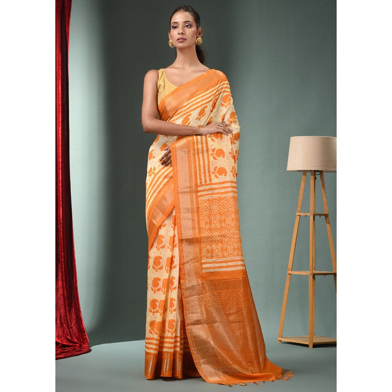 Yellow Dupion Silk Saree With Blouse Piece - JD986585850