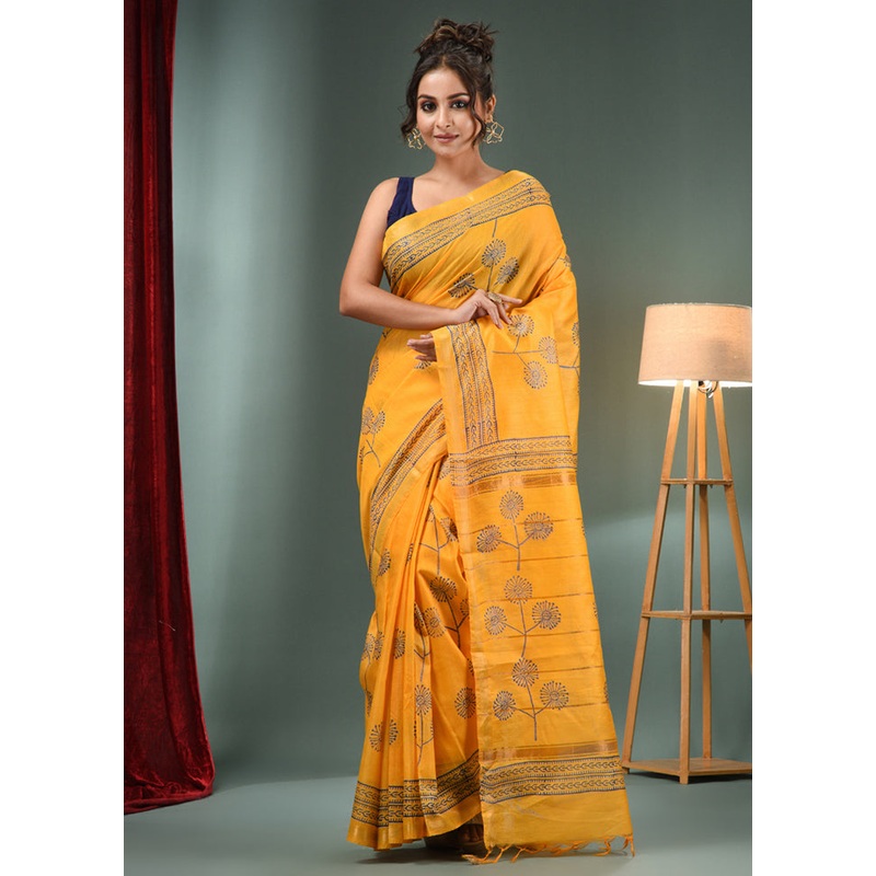 Yellow Dupion Silk Saree With Blouse Piece - JD986585853