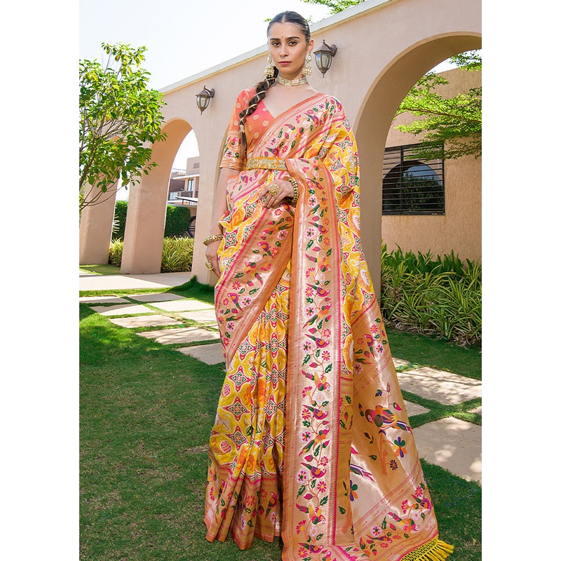 Yellow Dupion Silk Saree With Blouse Piece - JD986585854