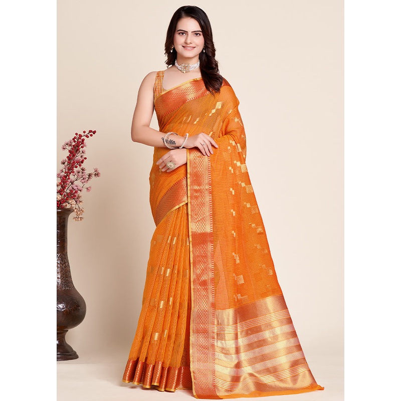 Yellow Dupion Silk Saree With Blouse Piece - JD986585856