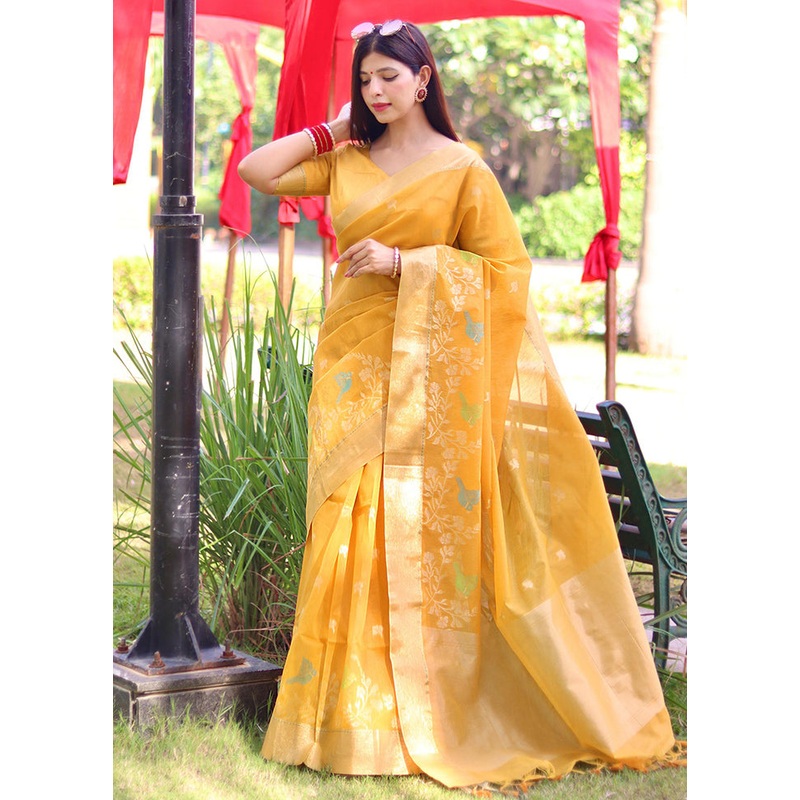 Yellow Dupion Silk Saree With Blouse Piece - JD986585857
