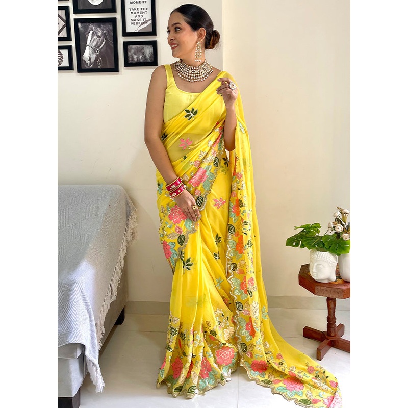 Yellow Georgette Saree With Blouse Piece - JD986585835