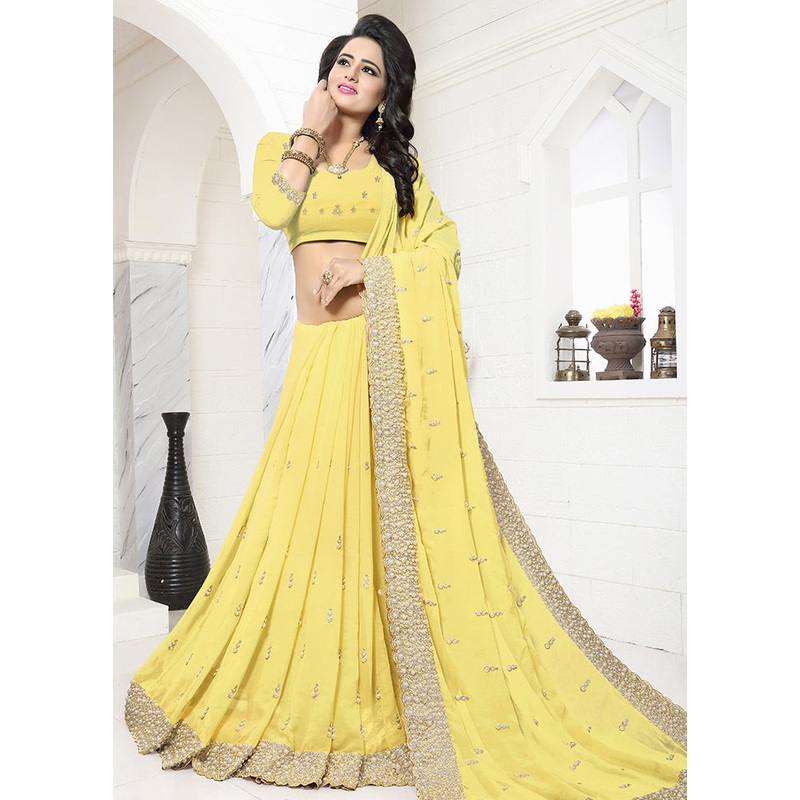 Yellow Georgette Saree With Blouse Piece - JD986585838