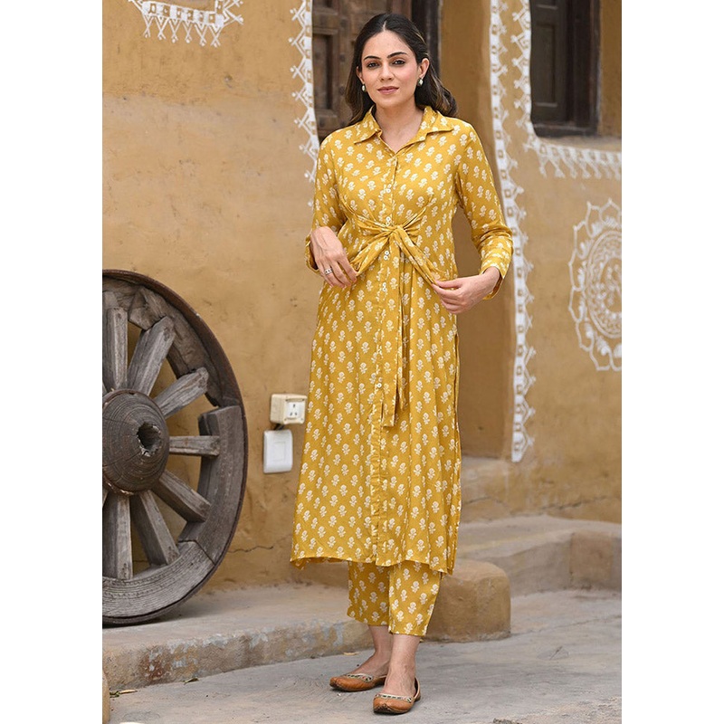 2 Pc Mustard Readymade Silk Kurti Set - JD986585772