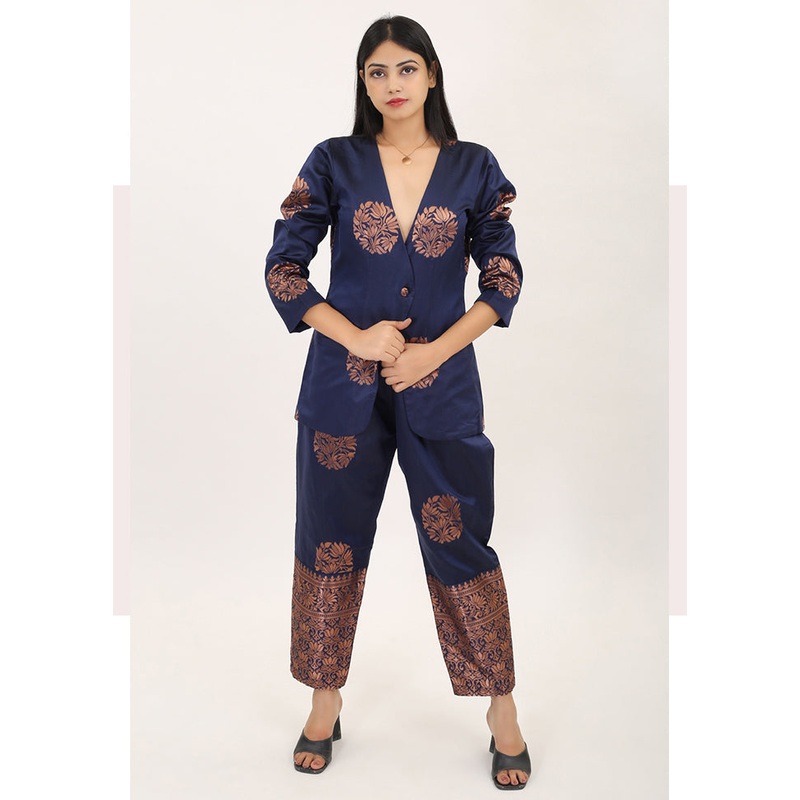 2 Pc Navy Blue Readymade Pure Silk Kurti Set - JD986585770
