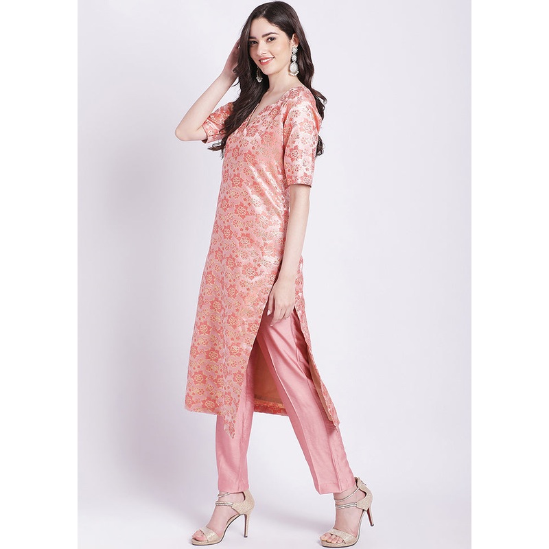 2 Pc Peach Readymade Silk Kurti Set - JD986585761