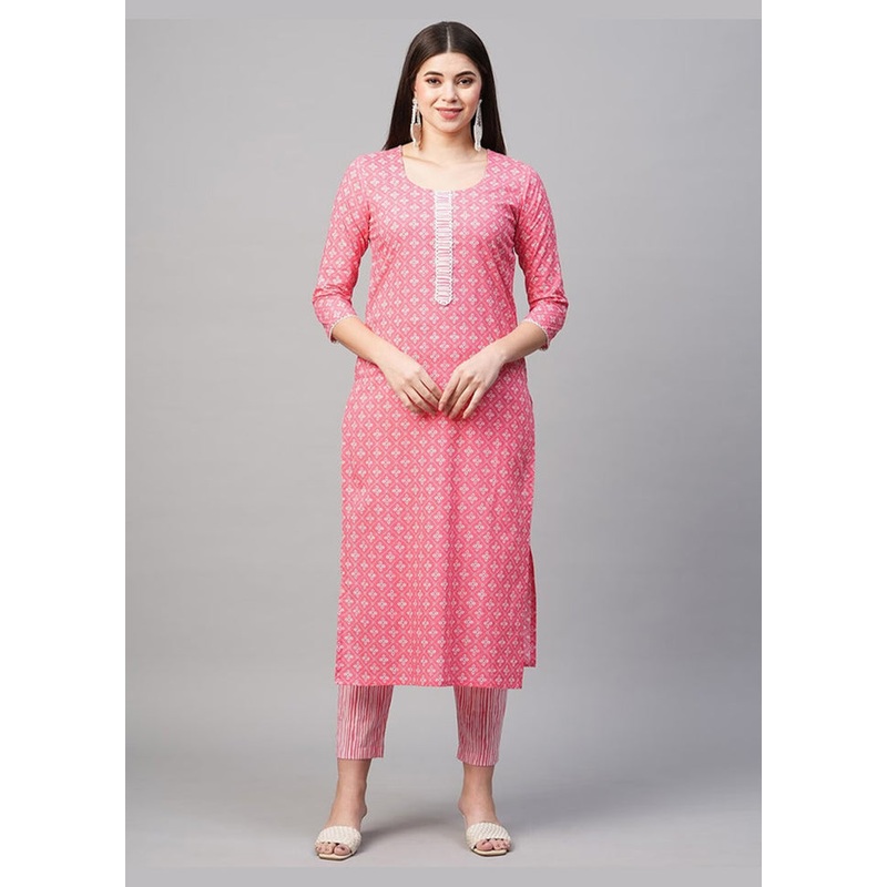 2 Pc Pink Readymade Cotton Kurti Set - JD986585751
