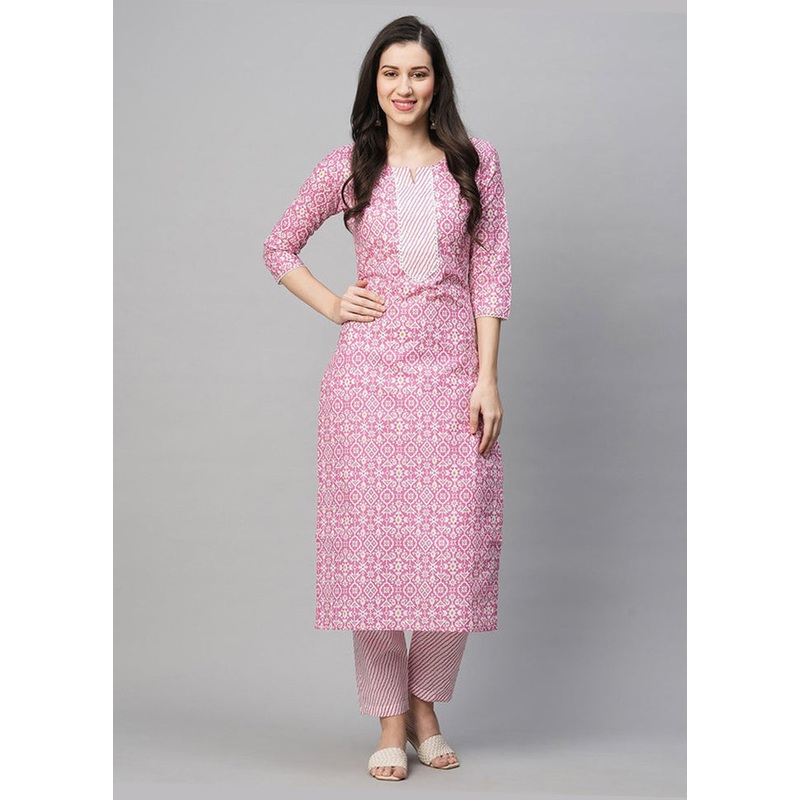 2 Pc Pink Readymade Cotton Kurti Set - JD986585752