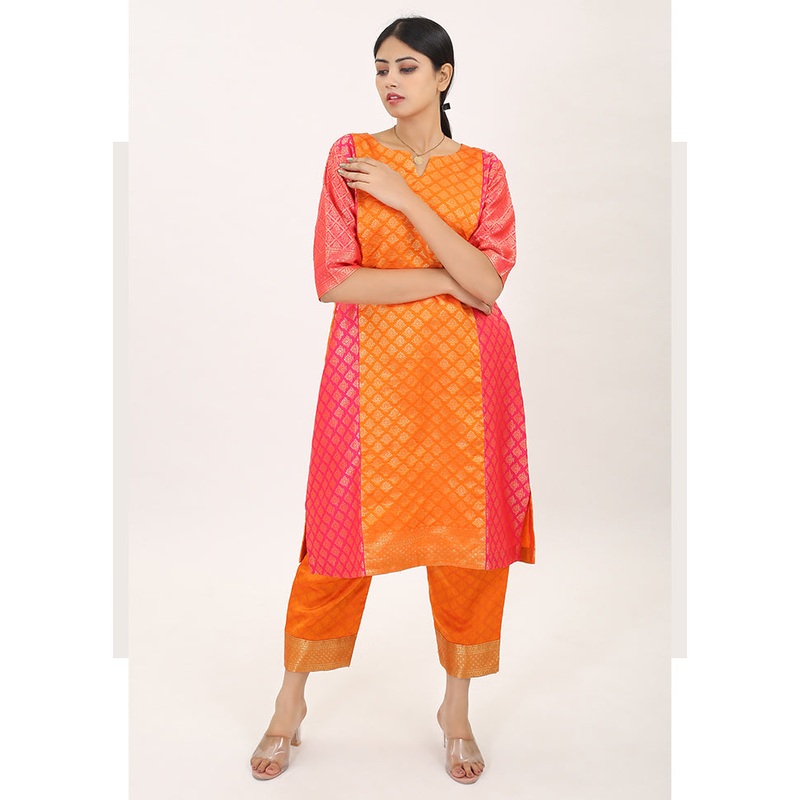 2 Pc Pink Readymade Pure Silk Kurti Set - JD986585747