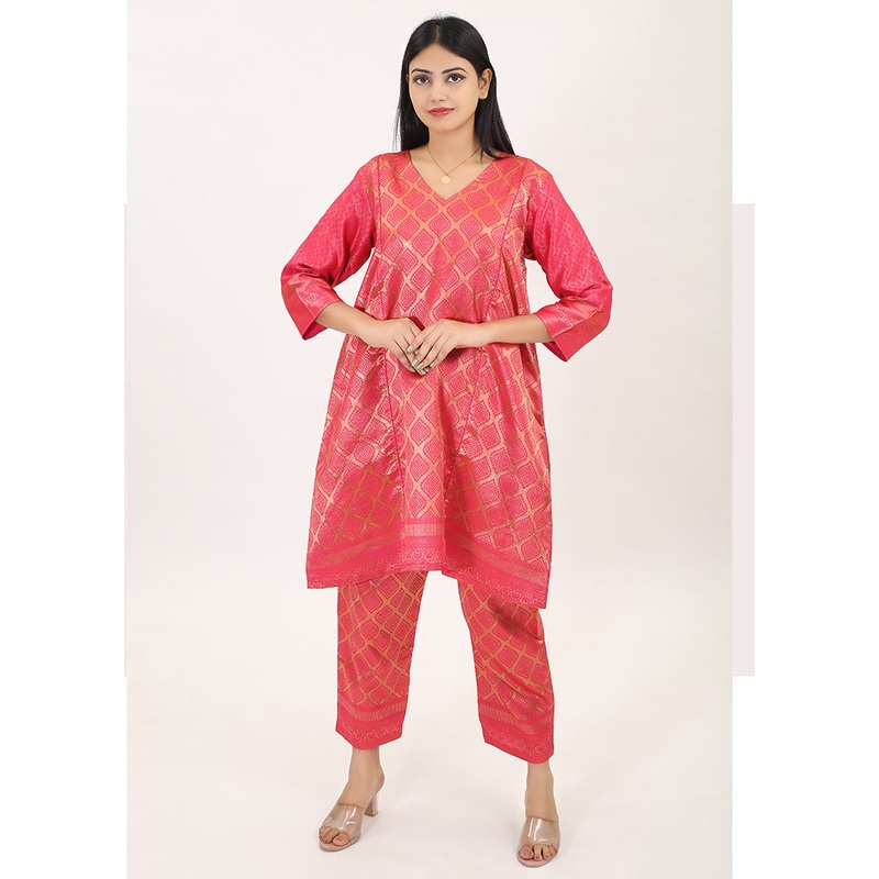 2 Pc Pink Readymade Pure Silk Kurti Set - JD986585748