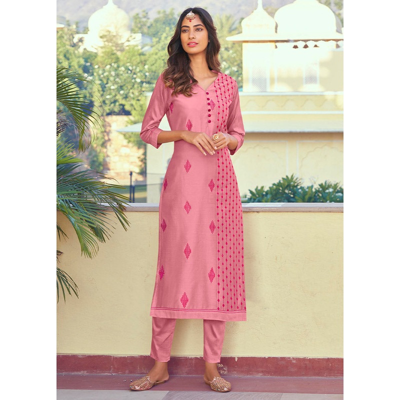 2 Pc Pink Readymade Silk Kurti Set - JD986585742